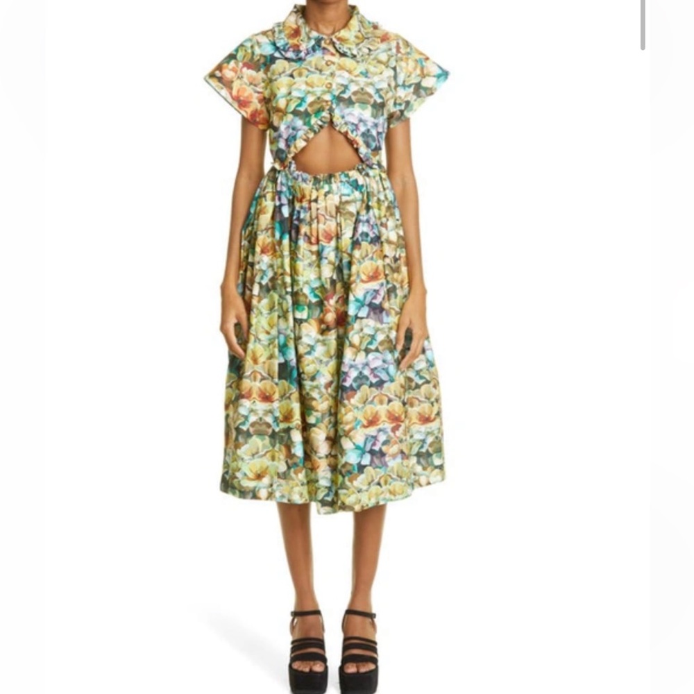 Kika Vargas Mabel Cutout Stretch Cotton Midi Dress Multicolor Flower Print M